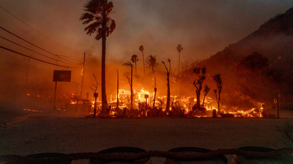 A structure burns during the Palisades Fire in the Pacific Palisades neighborhood of Los Angeles, California, US, on Tuesday, Jan. 7, 2025. Uncontrolled wildfires tore through parts of the Los Angeles region, fanned by extreme winds, forcing thousands of residents to flee and grounding firefighting aircraft