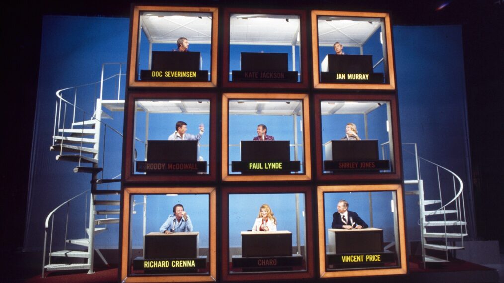 THE HOLLYWOOD SQUARES, (aka THE HOLLYWOOD SQUARES (DAYTIME), clockwise from top left: Doc Severinsen, Kate Jackson, Jan Murray, Shirley Jones, Vincent Price, Charo, Richard Crenna, Roddy McDowall, Paul Lynde, 1975, 1965-1980