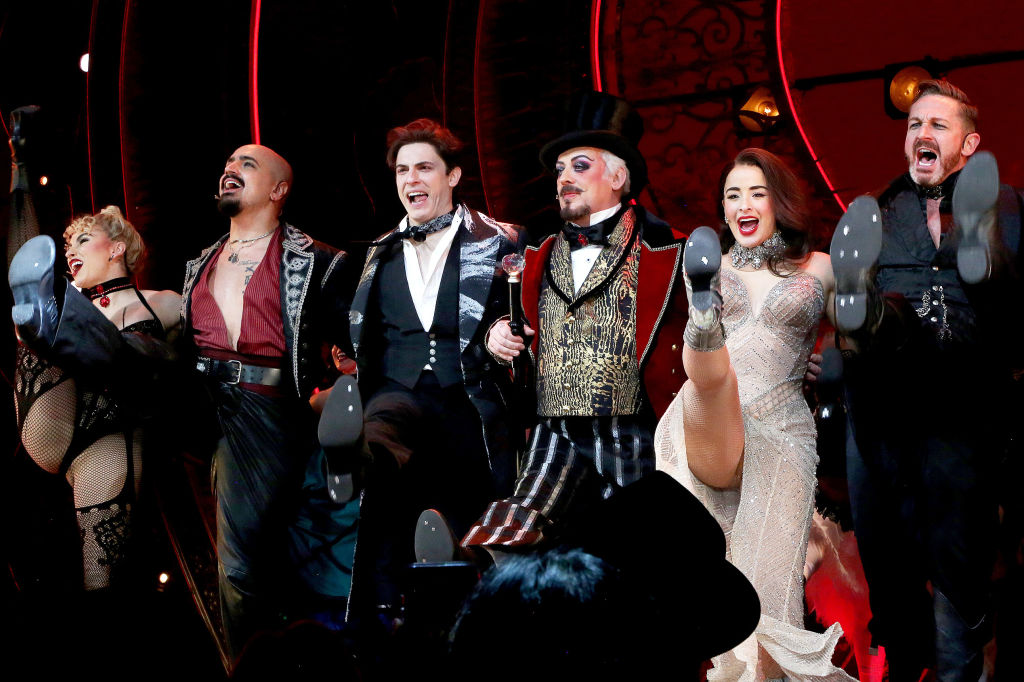 Boy George and the cast take their bows during the curtain call of "Moulin Rouge! The Musical" on Broadway at The Al Hirshfeld Theater on February 6, 2024 in New York City. Boy George will star as Harold Zidler in "Moulin Rouge!" on Broadway from Tuesday, February 6, 2024 through Sunday, May 12, 2024