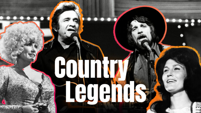 Dolly Parton, Johnny Cash Waylon Jennings Loretta Lynn composite graphic of country legends